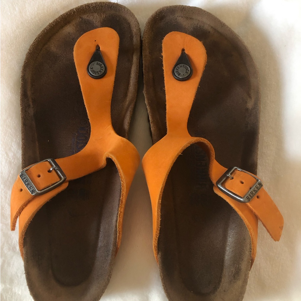 Birkenstock Orange Suede Thong Sandals with Buckle